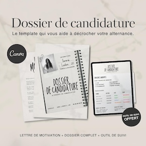 Peut inclure: Image d'un modèle de CV intitulé "Dossier de candidature". Le modèle comprend un cahier, une tablette et un document imprimé. Le cahier porte le texte "Dossier de candidature" et "Alternance en communication". La tablette affiche un CV.
