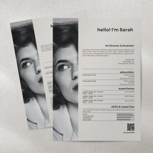 May include: A stack of three resumes with a black and white portrait of a woman on the left side. The resume on the right has the text "hello! I'm Sarah" and details about her experience as an Art Director & Illustrator.