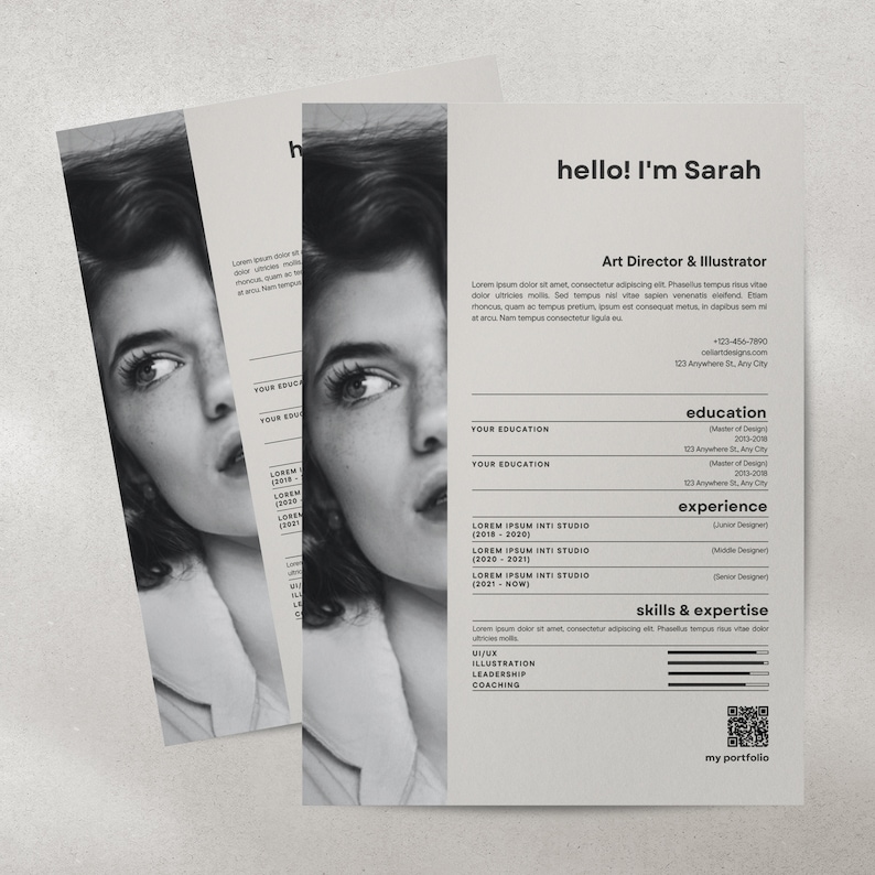 May include: A stack of three resumes with a black and white portrait of a woman on the left side. The resume on the right has the text "hello! I'm Sarah" and details about her experience as an Art Director & Illustrator.