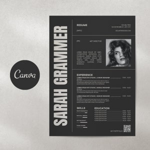 May include: Black and white resume template with a photo of a woman. The resume includes the name Sarah Grammer, the title Art Director, and a list of skills and experience. The text "My Portfolio" is at the bottom of the page.