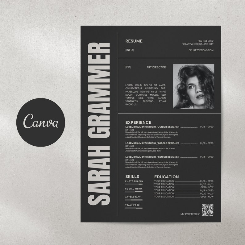 May include: Black and white resume template with a photo of a woman. The resume includes the name Sarah Grammer, the title Art Director, and a list of skills and experience. The text "My Portfolio" is at the bottom of the page.