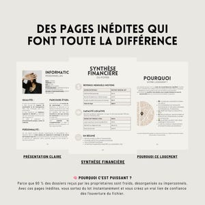 May include: A brochure with the title "DES PAGES IN&Eacute;DITES QUI FONT TOUTE LA DIFF&Eacute;RENCE" in large black text. The brochure includes sections on personal information, financial synthesis, and why the housing is suitable. The brochure is in French.