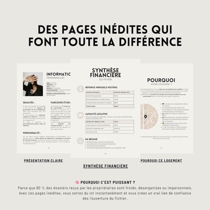 May include: A brochure with the title "DES PAGES IN&Eacute;DITES QUI FONT TOUTE LA DIFF&Eacute;RENCE" in large black text. The brochure includes sections on personal information, financial synthesis, and why the housing is suitable. The brochure is in French.