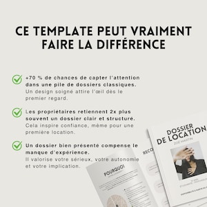 May include: Image of a document template with the text "CE TEMPLATE PEUT VRAIMENT FAIRE LA DIFF&Eacute;RENCE". The document includes bullet points about capturing attention and presenting a clear, structured dossier. A "DOSSIER DE LOCATION" is visible.