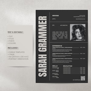 May include: Black and white resume template with a photo of a woman. The template includes sections for contact information, skills, experience, and education. The text "SARAH GRAMMER" is in large, bold letters at the top of the page.