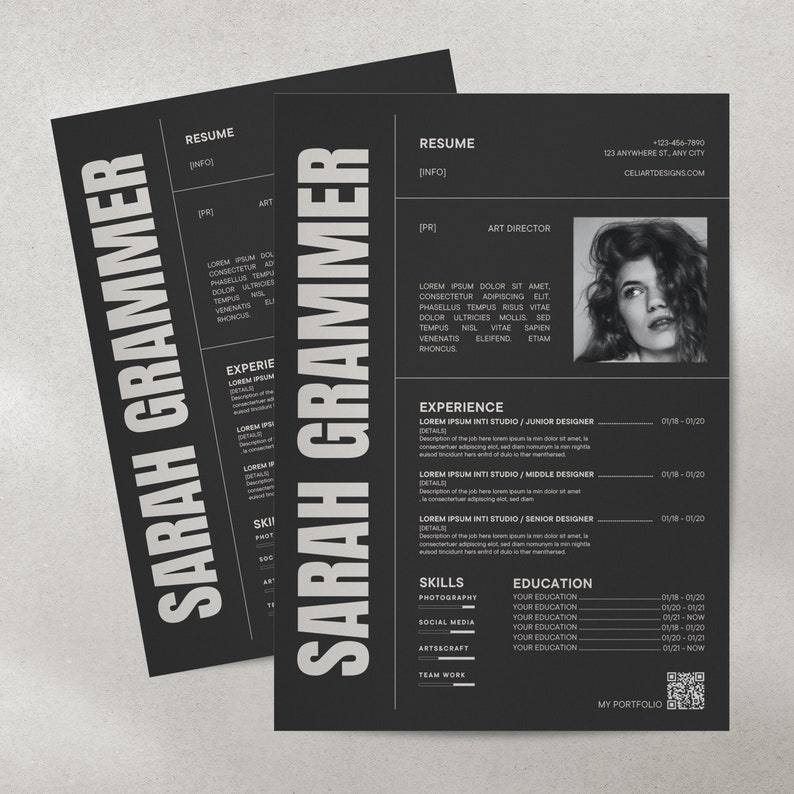 May include: Black and white resume template with the name Sarah Grammer, the title Art Director, and contact information. The resume includes experience, skills, and education sections.
