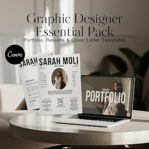 Pacote essencial para designer gráfico: modelos de portfólio, currículo e carta de apresentação para Canva