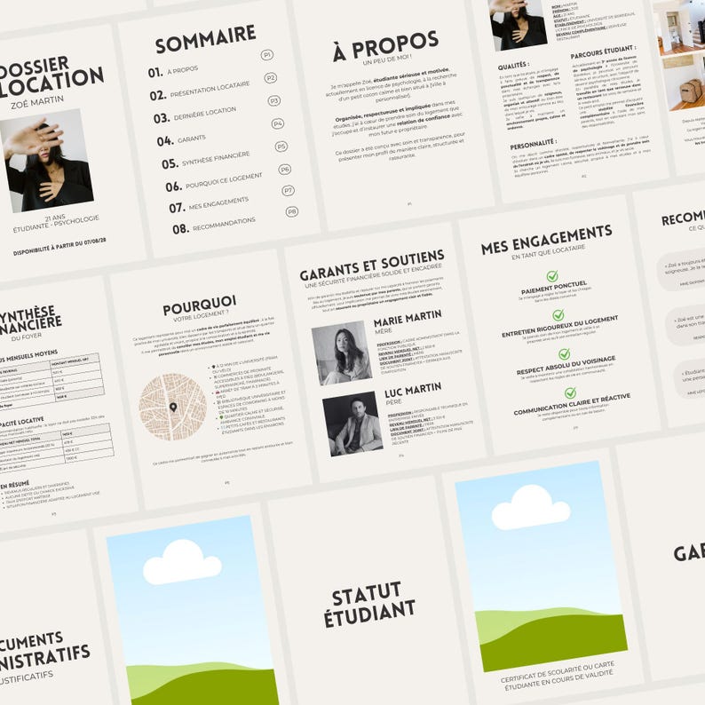 May include: A collection of documents, including a resume and financial summary, with the title "DOSSIER LOCATION" and the name "ZOE MARTIN." The documents feature text and images, with a focus on student housing and related topics.