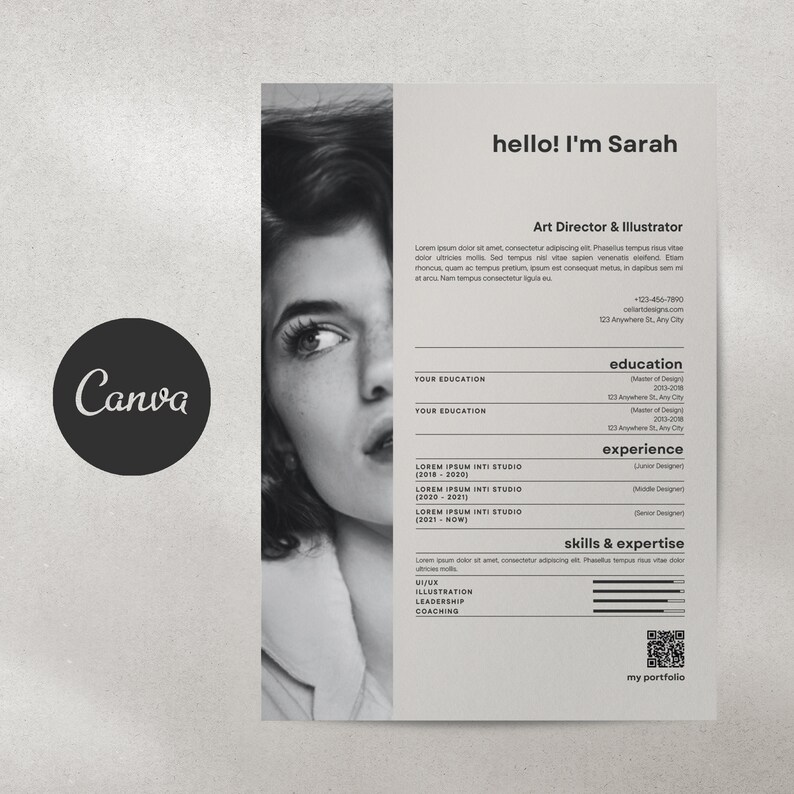 May include: A black and white resume template with the text "hello! I'm Sarah" and "Art Director & Illustrator". The resume includes sections for education, experience, and skills. A Canva logo is in the corner.