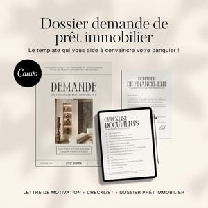 Può includere: Un insieme di documenti per una domanda di mutuo immobiliare. L'immagine include un fascicolo stampato, una lista di controllo su un tablet e un documento intitolato "Demande de Financement". Il testo include "Dossier demande de prêt immobilier".