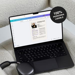 May include: A black laptop displaying a resume template with the word "INFORMATIONS" visible. The screen shows a photo and text fields. A pair of black headphones rests near the laptop. A circular graphic reads "100% PERSONNA LISABLE".