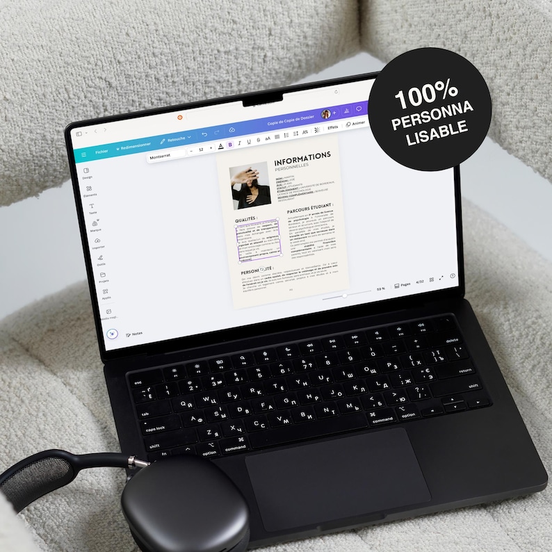 May include: A black laptop displaying a resume template with the word "INFORMATIONS" visible. The screen shows a photo and text fields. A pair of black headphones rests near the laptop. A circular graphic reads "100% PERSONNA LISABLE".