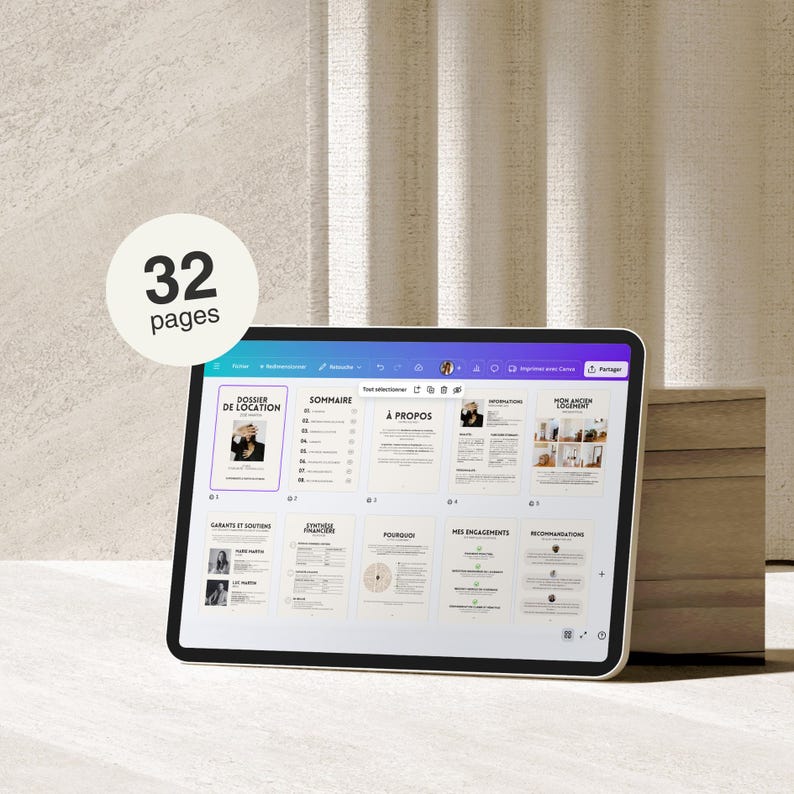May include: A digital tablet displaying a document with 32 pages. The screen shows a layout with text and images, including the words "DOSSIER DE LOCATION" and "SOMMAIRE". The tablet is set against a neutral background with a wooden block.