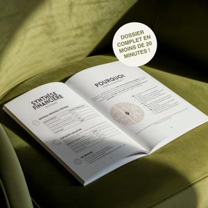 May include: An open book with the title "SYNTHESE FINANCIERE DU FOYER" is displayed on a green velvet surface. The book's pages contain financial data and the text "DOSSIER COMPLET EN MOINS DE 20 MINUTES!" is in a white circle.
