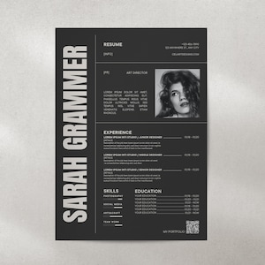 May include: Black and white resume template with a photo of a woman. The resume includes the name Sarah Grammer, the title Art Director, and a list of skills and experience. The contact information includes a phone number, email address, and website.