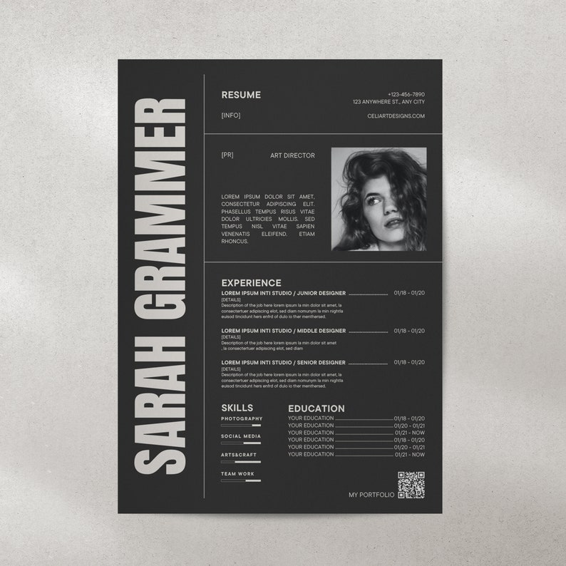 May include: Black and white resume template with a photo of a woman. The resume includes the name Sarah Grammer, the title Art Director, and a list of skills and experience. The contact information includes a phone number, email address, and website.