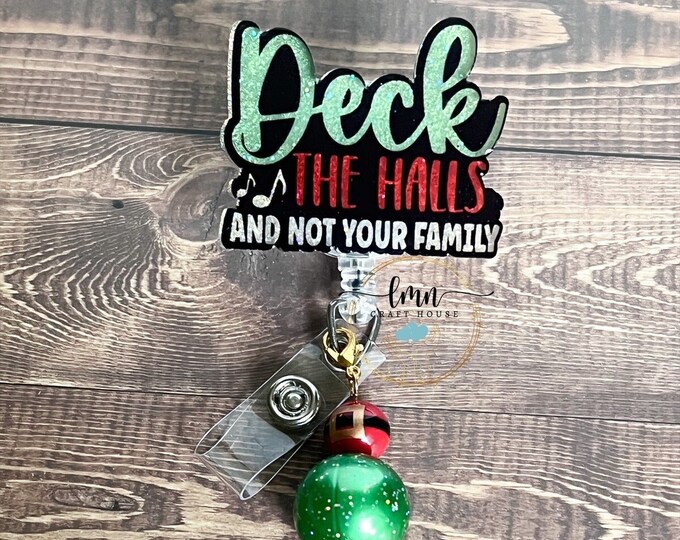 Deck The Halls Badge Reel: Christmas Acrylic Badge Clip with Beads