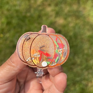 3D Pumpkin Dry Shaker Badge Reel|Fall Leaves Badge Reel|Shaker Badge Reel|Badge Clip|Autumn Badge reel|glitter badge reel|