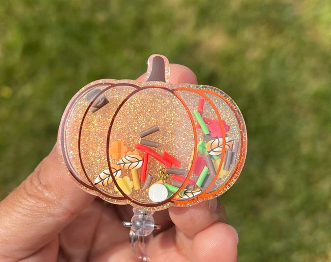 3D Pumpkin Shaker Badge Reel: Fall Leaves Glitter Badge Clip