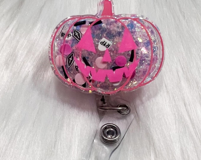 Pink 3D Pumpkin Dry Shaker Badge Reel|Pink Pumpkin Badge Reel|Shaker Badge Reel|Badge Clip|Autumn Badge reel|glitter badge reel|