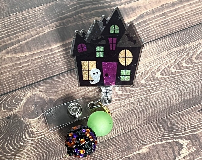 Haunted House Badge Reel: Halloween Acrylic Badge Clip