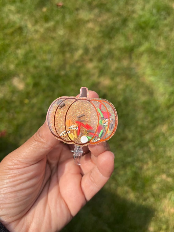 3D Pumpkin Dry Shaker Badge Reel|Fall Leaves Badge Reel|Shaker Badge Reel|Badge Clip|Autumn Badge reel|glitter badge reel|