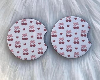 Cherry Coquette Bow Car Coaster|Pink Car Coaster|Car Coaster|Cherry Car Coaster|New Car Gift|Bling Car Accessories|Personalized Car Coaster