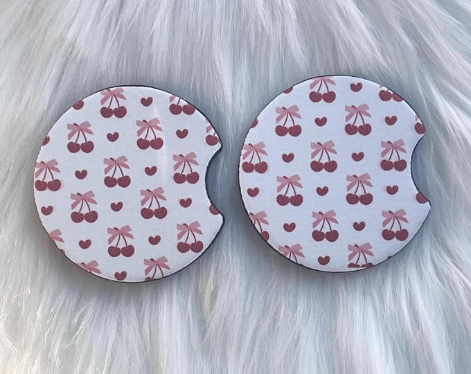 Cherry Coquette Bow Car Coaster|Pink Car Coaster|Car Coaster|Cherry Car Coaster|New Car Gift|Bling Car Accessories|Personalized Car Coaster