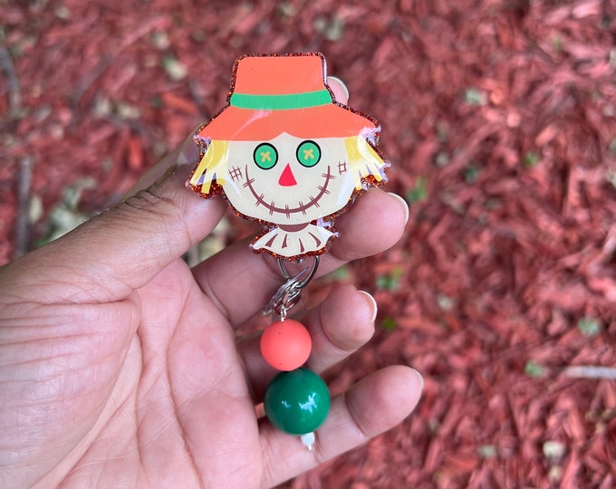 Scarecrow Acrylic Badge Reel: Fall Halloween Badge Clip