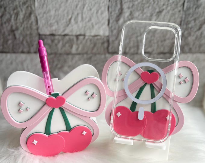 Cherry Bow decor|cherry bow phone holder|phone stand cute|girly desk decor|pink aesthetic|bow makeup brush holder|kawaii decor|pen holder