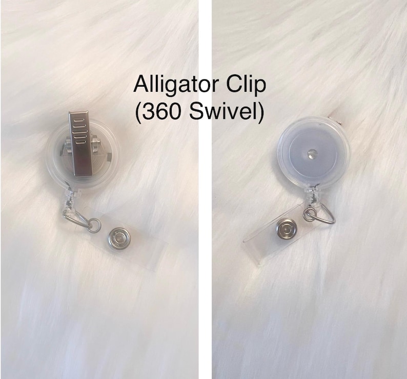 May include: Two clear retractable badge holders with alligator clips and 360-degree swivel. One clip is open, and the other is closed. The text "Alligator Clip (360 Swivel)" is visible.
