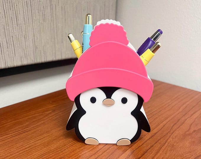 3D Printed Penguin Pen Holder with Hat|Cute Desk Organizer|Makeup Brush Holder|Penguin Office Décor|Gift for Penguin Lovers