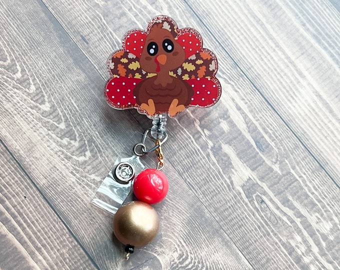 Turkey Badge Reel: Thanksgiving Acrylic Badge Clip with Beads