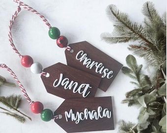 Stocking Personalized Tags|Custom Christmas Tags|Laser Cut 3D Name|Custom Christmas Ornament|Name Tags|Wooden Gift Tags|Secret Sana Tags