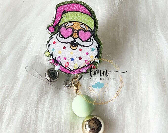 Groovy Santa Glitter Badge Reel: Christmas Holiday Badge