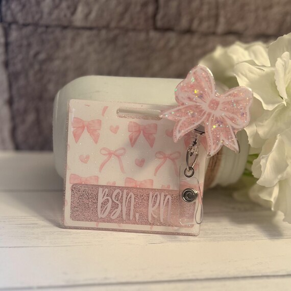 Personalized Badge Buddy|Coquette bow Badge Buddy|Pink Bow Badge Buddy|ID Badge|Customized Badge Buddy|Glitter Badge Buddy|Nurse Badge Buddy