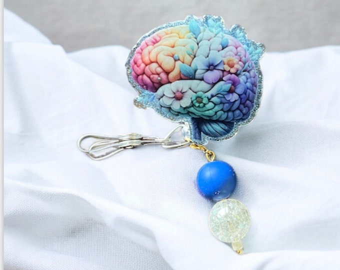 Floral Brain Badge Reel: Glitter Mental Health Cardiology Badge
