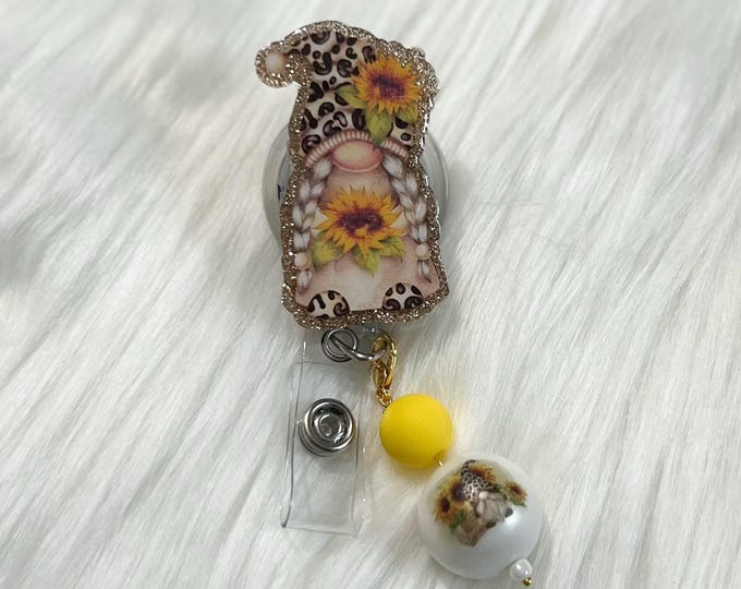 Sunflower Gnome Badge Reel: Acrylic Leopard Print, Removable Beads
