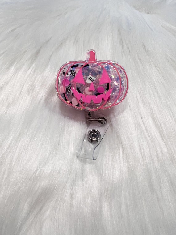 Pink 3D Pumpkin Dry Shaker Badge Reel|Pink Pumpkin Badge Reel|Shaker Badge Reel|Badge Clip|Autumn Badge reel|glitter badge reel|