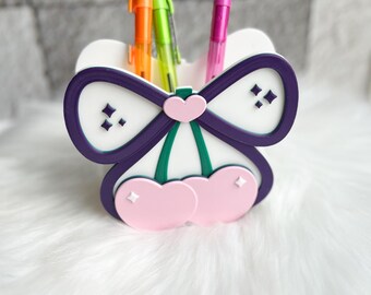 Cherry Bow decor|cherry bow pen holder|phone stand cute|girly desk decor|pink aesthetic|coquette bow|desk phone|Purple cherry bow pen holder
