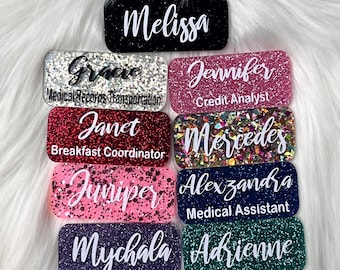 Glitter Name badge|Glitter name Pin|Glitter Name Tag|Custom Name Tag|Personalized Name Tag|Work Name Badge|Name Tag|Bling Name Badge