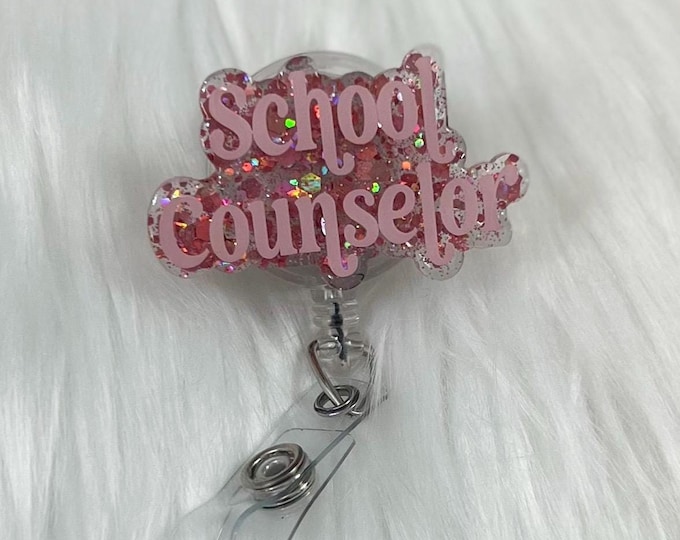 School Counselor Badge Reel: Pink Glitter Acrylic, Custom Badge
