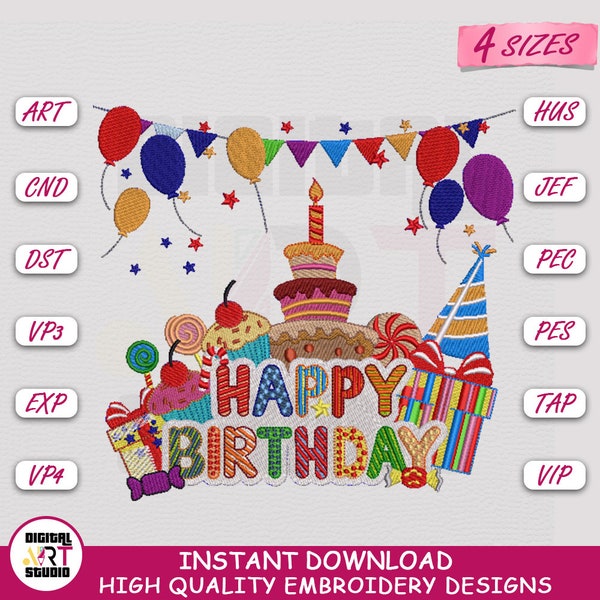 Happy Birthday Cake & Gifts Machine Embroidery Design | Birthday Digitizing | 4 Hoop Sizes Embroidery Pattern by Digital Art Studio