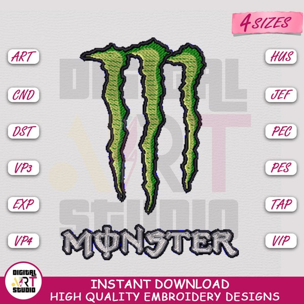 Monster Energy Machine Embroidery Design | Monster Energy Digitizing | 4 Hoop Size Embroidery Pattern by Digital Art Studio