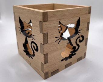 Halloween Katze Holz Teelichthalter Box Dekoration