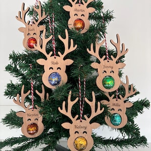 Personalised Engraved Wooden Reindeer Lindt Lindor Holder Christmas Tree Decoration