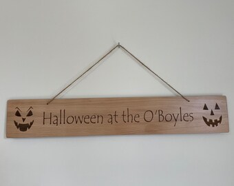 Personalised Engraved Wooden Halloween Family Sign With Pumpkins