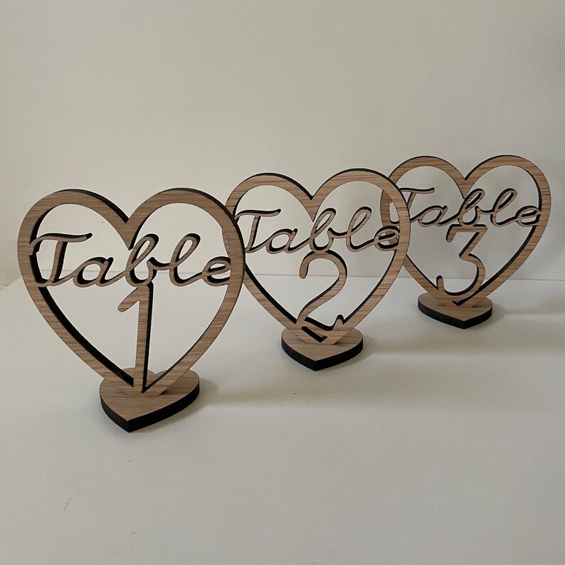 Wedding Party Wooden Heart Table Numbers With Stands Decorations image 2