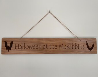 Personalised Engraved Wooden Halloween Family Sign With Bats