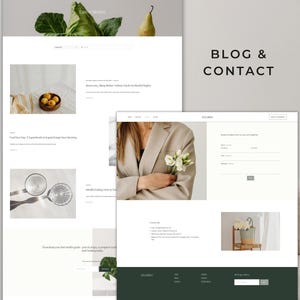 May include: A website design with a clean, minimalist aesthetic. The layout features a blog section with articles and a contact page. The color palette is primarily white and green, with images of food and flowers.